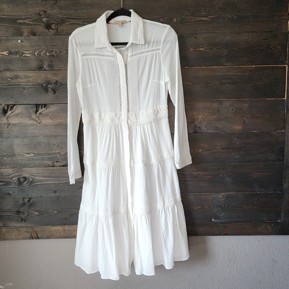 Burberry Brit Midi Maxi Tiered Dress White Size US 4 Long Sleeves Collared - Picture 4 of 16
